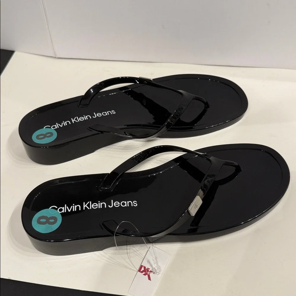 Calvin Klein Jeans Glossy Black Flip Flops thong sandals Women's NEW with tag - Picture 7 of 13